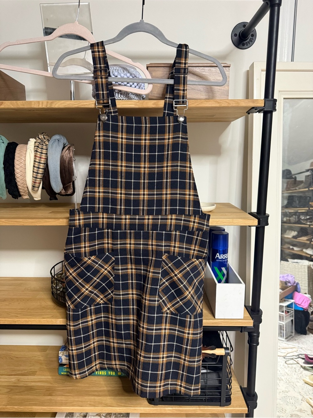 Allegra K Navy & Tan Plaid Pinafore Dress
